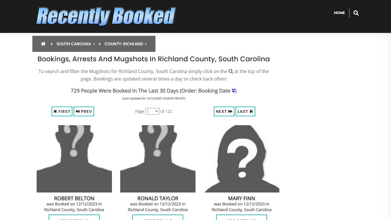 Bookings, Arrests and Mugshots in Richland County, South Carolina